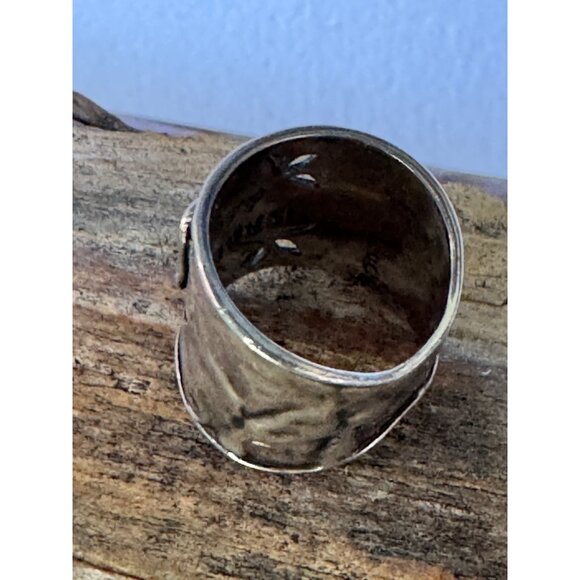 Handcrafted Israel 925 Sterling Silver Flower Design Wide Band Ring Size 6 - Picture 8 of 8